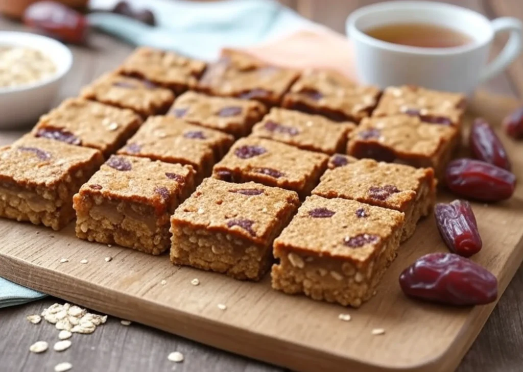 Homemade date bars arranged on a rustic wooden board, surrounded by fresh dates, oats, and a cup of herbal tea, styled in a cozy kitchen setting