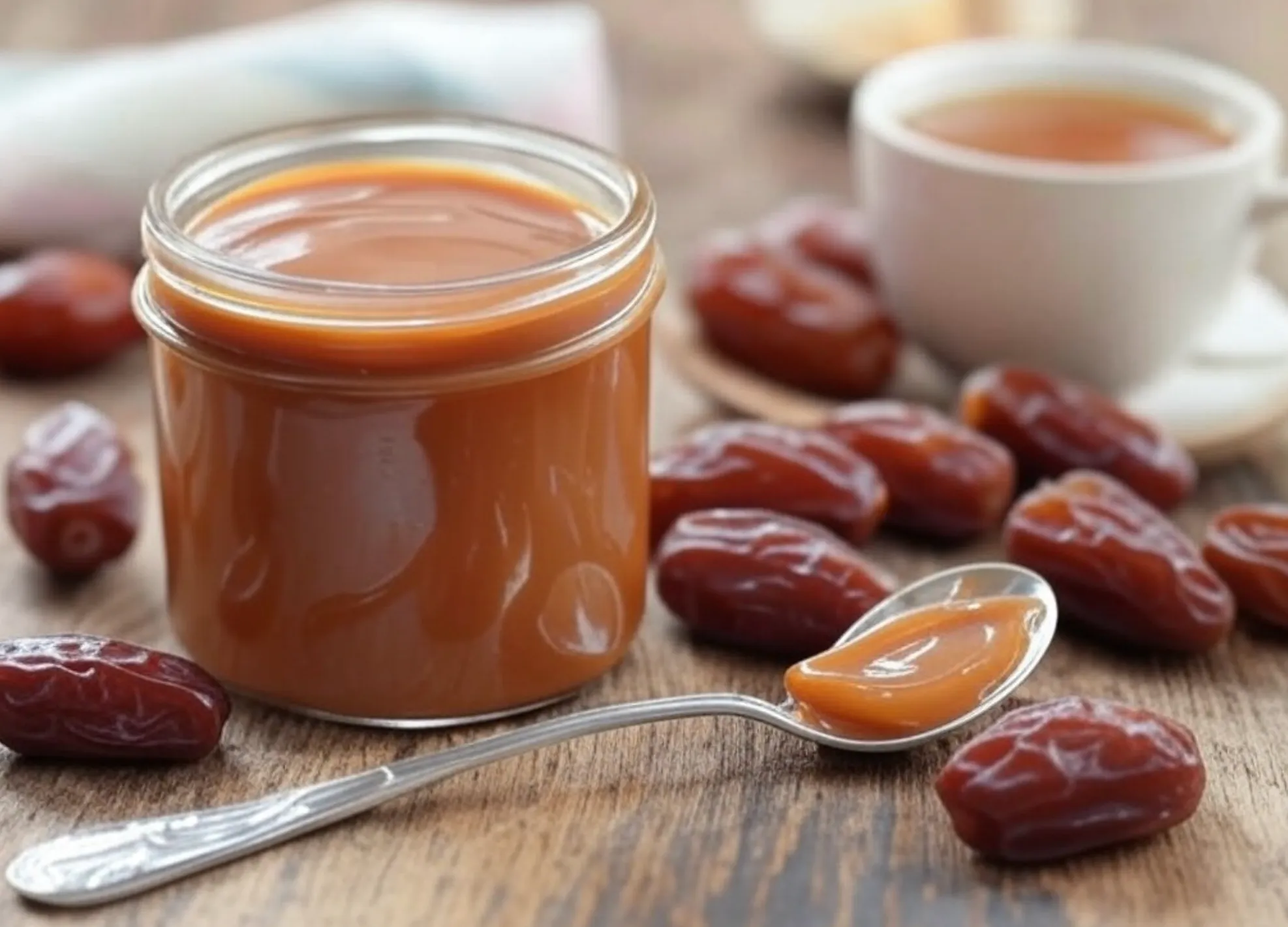 A jar of smooth date caramel surrounded by fresh dates and a spoon drizzling caramel, styled on a rustic wooden background with warm, soft lighting.