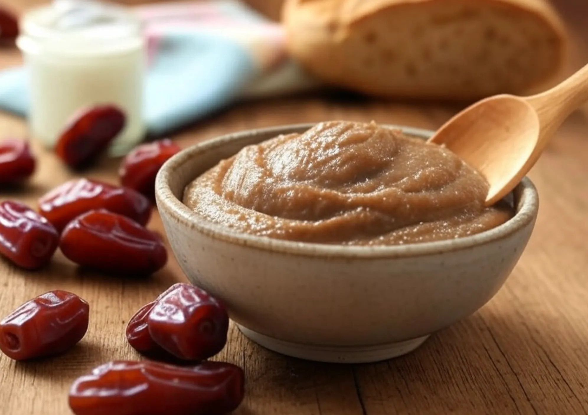 A small ceramic bowl filled with smooth date paste, surrounded by fresh dates and a wooden spoon, styled on a rustic wooden surface with warm, natural lighting.