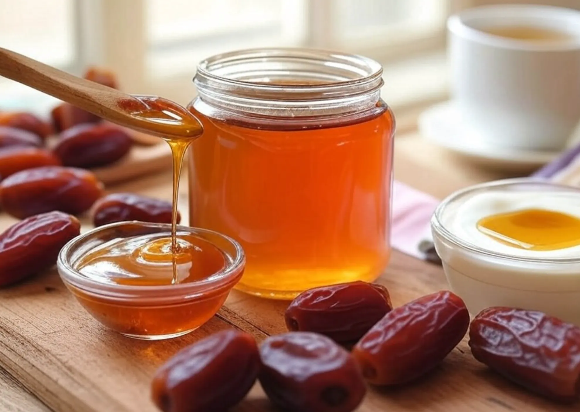 A glass jar of golden-brown date syrup with a wooden spoon drizzling syrup, surrounded by fresh dates, a bowl of yogurt topped with syrup, and a cozy table setup.