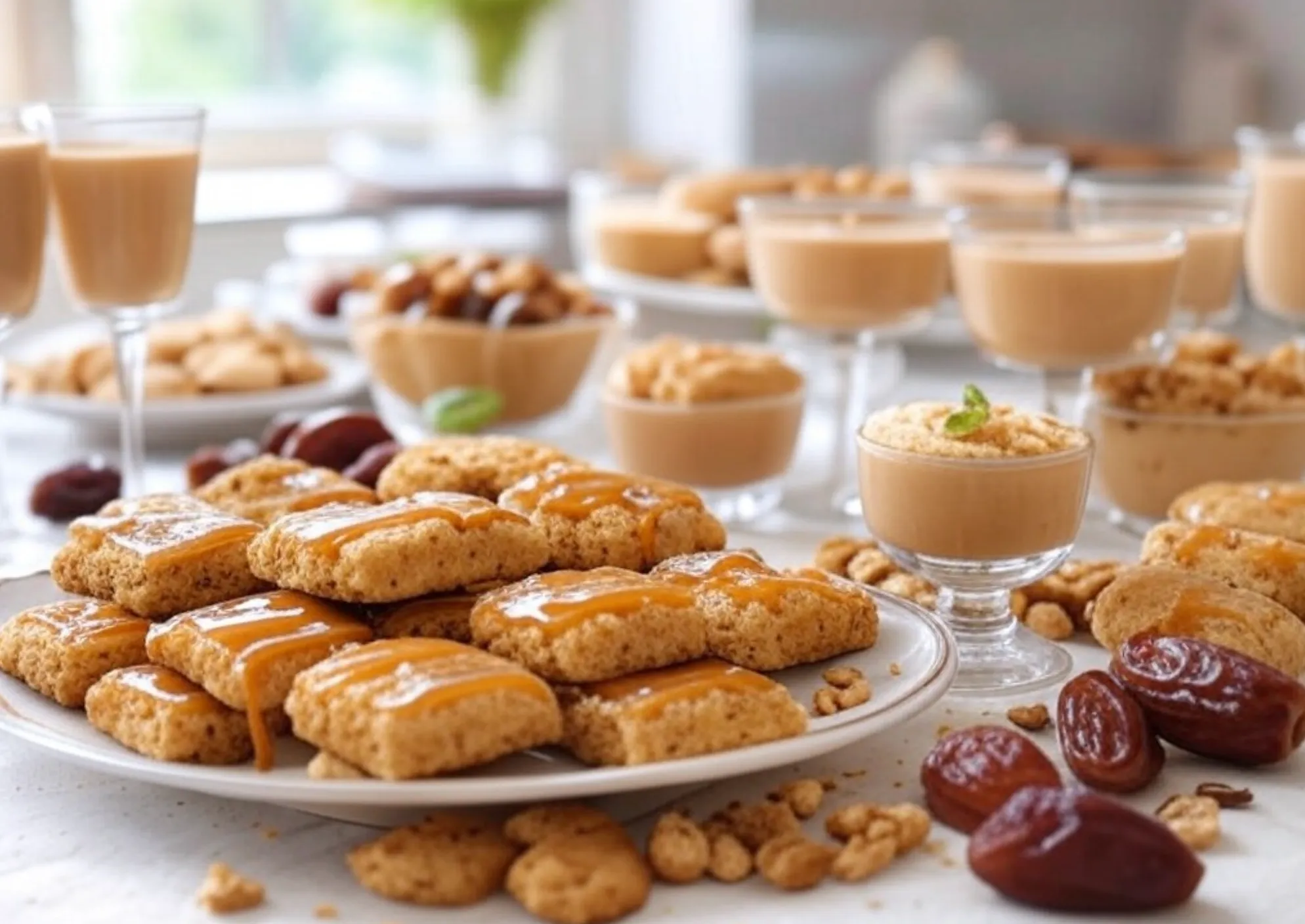 An elegant spread of date-based desserts, including date-stuffed cookies, caramel-drizzled date bars, and creamy date pudding, styled with fresh dates and nuts in a warm, inviting kitchen setting.