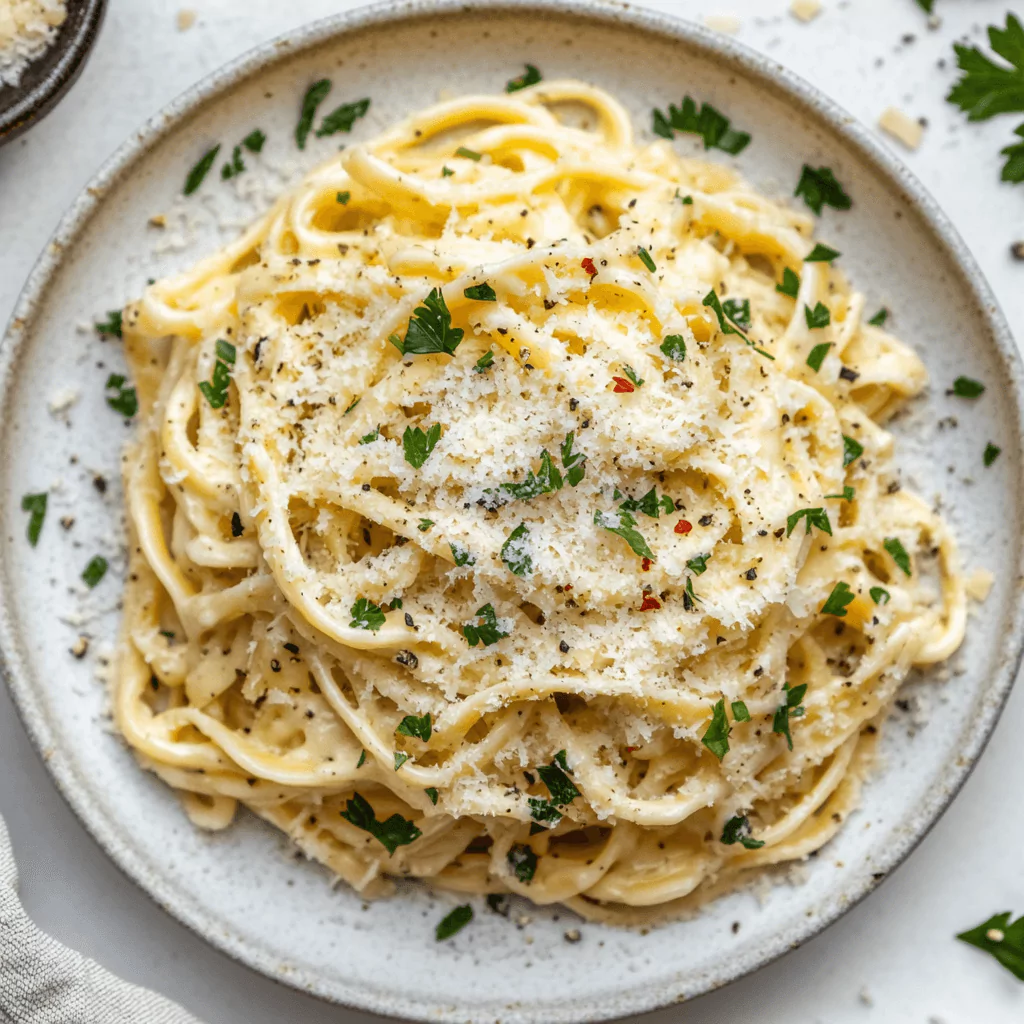 A plate of fettuccine pasta topped with creamy Alfredo sauce, grated Parmesan cheese, black pepper, and fresh parsley.