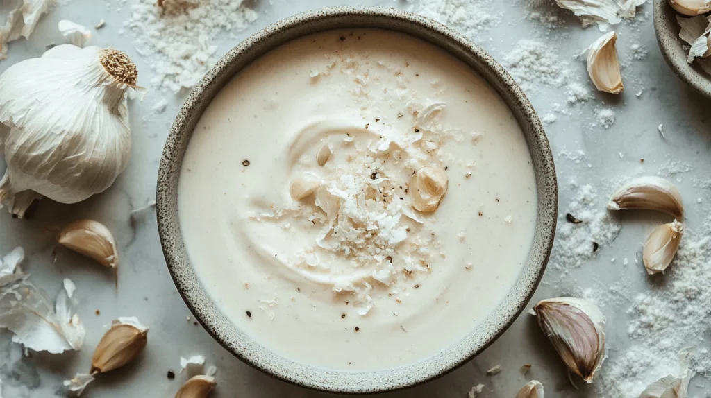 Ingredients for creamy roasted garlic Alfredo sauce, including garlic, butter, heavy cream, grated Parmesan cheese, and salt, arranged on a marble surface.