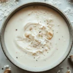 Ingredients for creamy roasted garlic Alfredo sauce, including garlic, butter, heavy cream, grated Parmesan cheese, and salt, arranged on a marble surface.