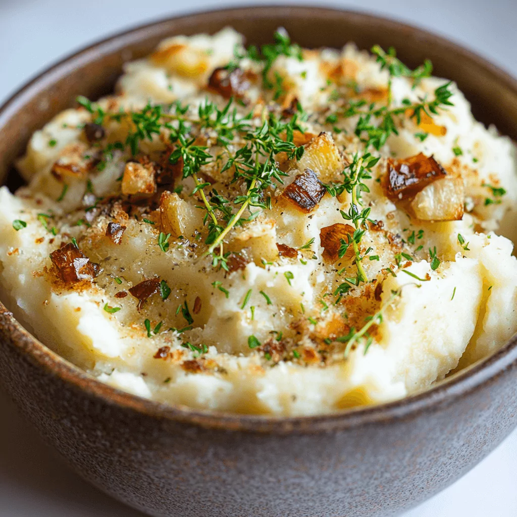 A bowl of creamy mashed potatoes topped with caramelized onions and fresh thyme, garnished with a sprinkle of black pepper.