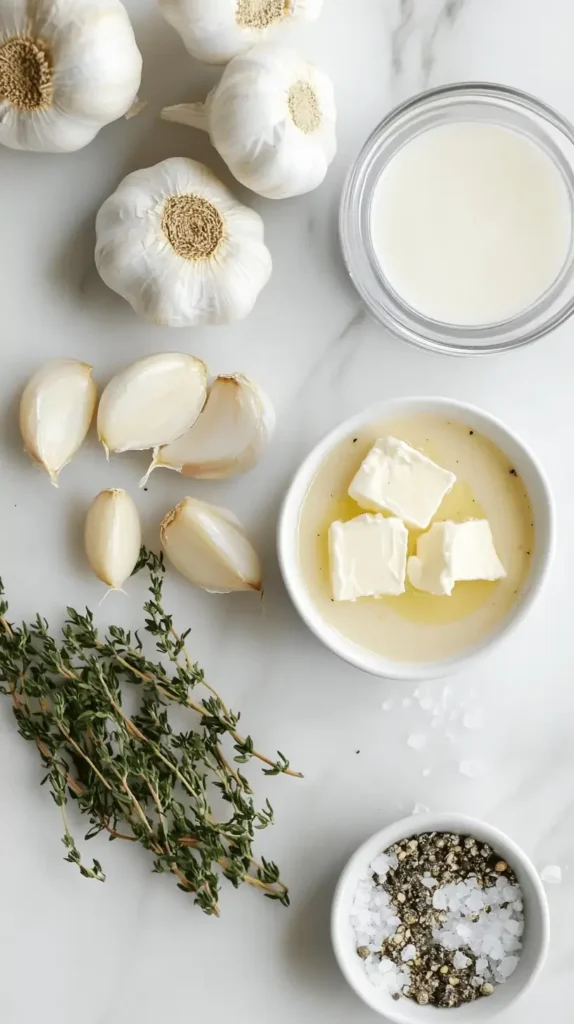 Ingredients for roasted garlic soup including garlic bulbs, garlic cloves, thyme sprigs, butter, cream, salt, and pepper.