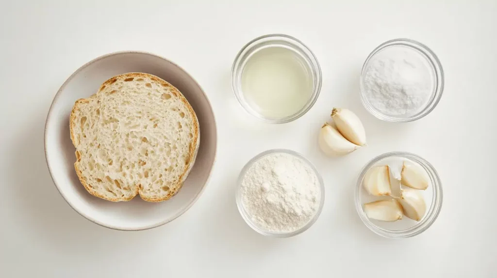 Ingredients for Roasted Garlic Sourdough Bread: sourdough starter, roasted garlic, flour, water, and salt arranged on a clean white background.