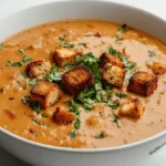 A bowl of creamy roasted garlic soup topped with croutons and fresh cilantro.