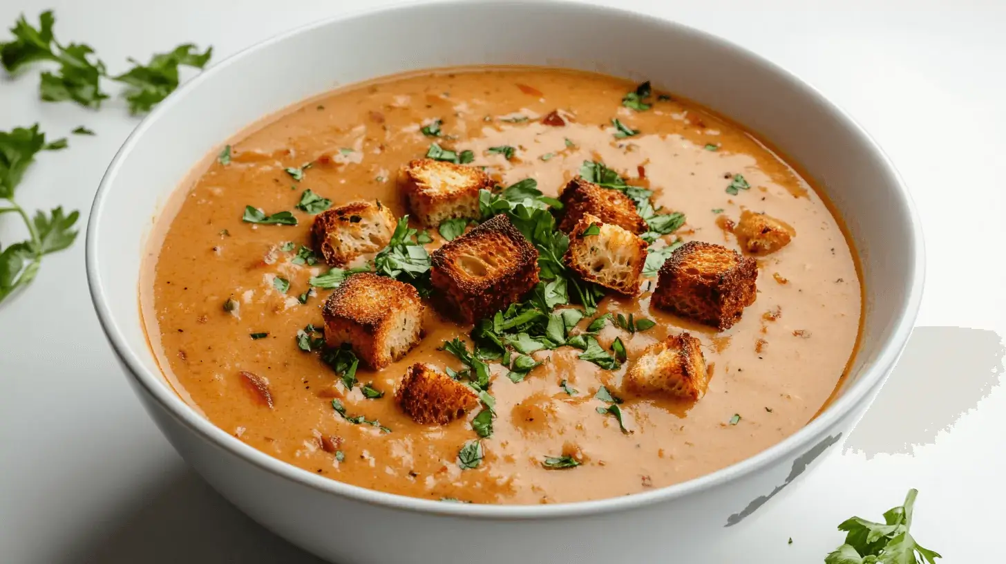 A bowl of creamy roasted garlic soup topped with croutons and fresh cilantro.