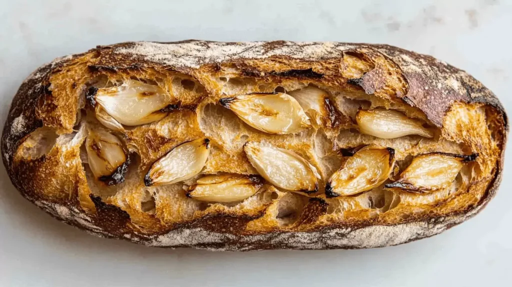 Close-up of a freshly baked loaf of sourdough bread with roasted garlic cloves peeking through the cracks in the crust.