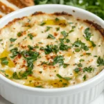 Roasted garlic and white bean dip topped with fresh parsley and served with toasted bread slices.