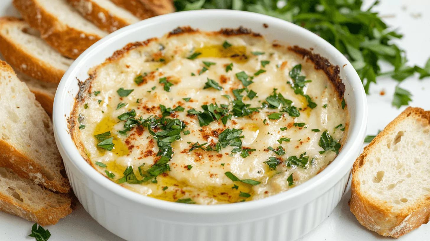 Roasted garlic and white bean dip topped with fresh parsley and served with toasted bread slices.