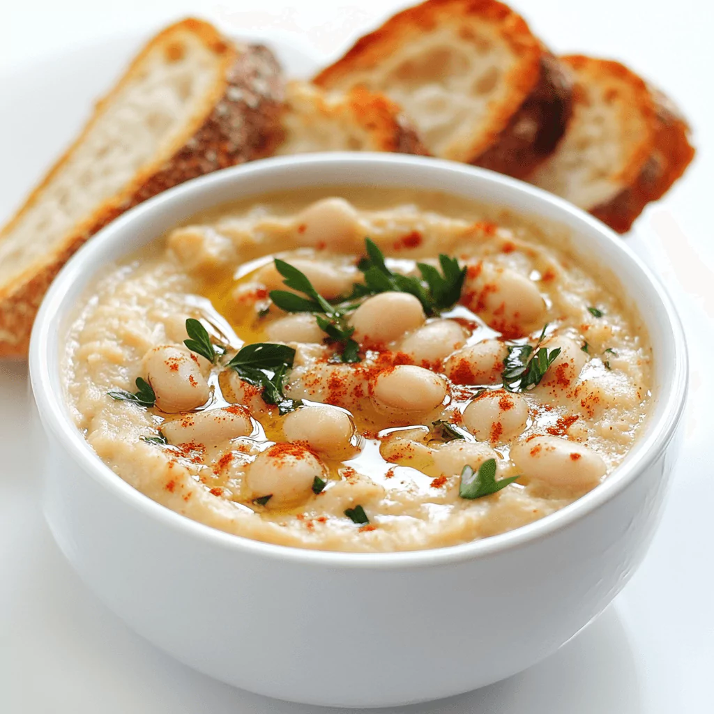 Roasted garlic and white bean dip topped with parsley, served with toasted bread slices.