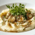 A bowl of creamy mashed potatoes topped with roasted garlic cloves and fresh parsley, with a drizzle of gravy and a sprinkle of black pepper.