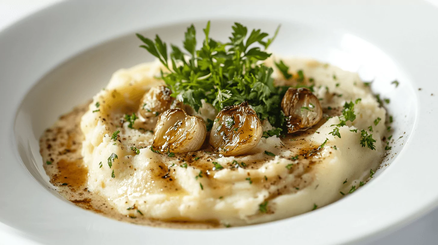 A bowl of creamy mashed potatoes topped with roasted garlic cloves and fresh parsley, with a drizzle of gravy and a sprinkle of black pepper.