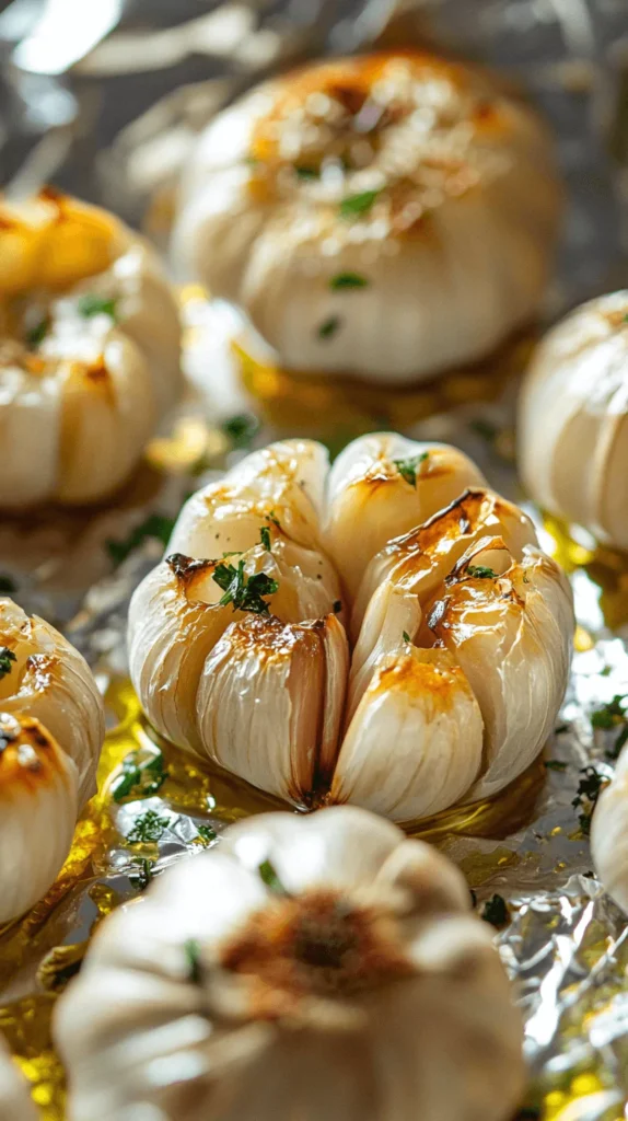 Roasted garlic bulbs with golden-brown, caramelized cloves and fresh herbs, resting on a sheet of aluminum foil.