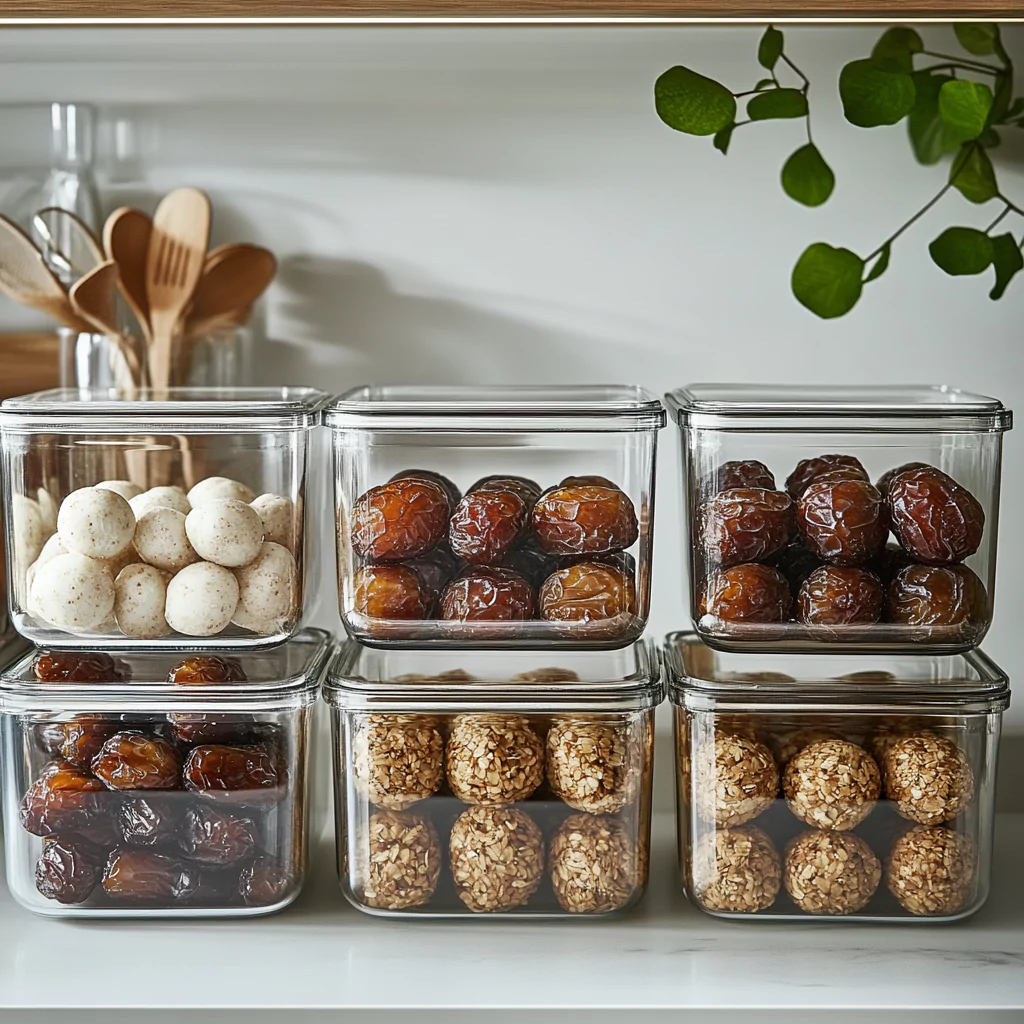 Six glass storage containers on a kitchen shelf, filled with date balls, whole dates, and white energy bites.