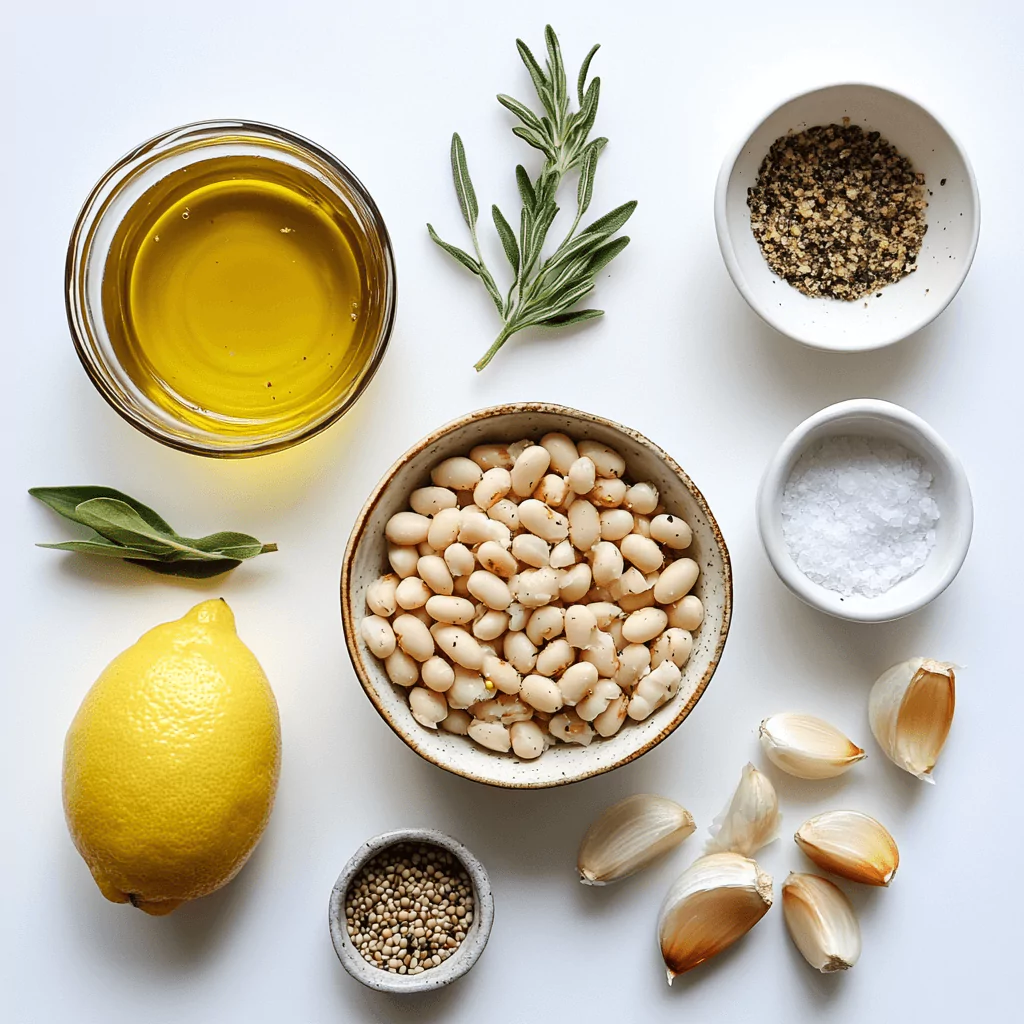 Ingredients for roasted garlic and white bean dip including olive oil, white beans, garlic, lemon, rosemary, sage, and seasonings.