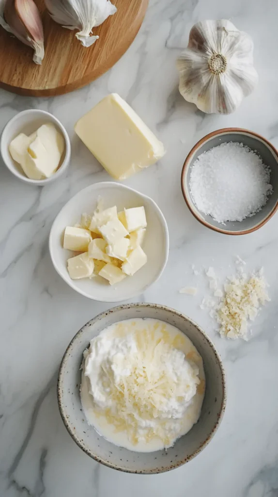 A collection of ingredients for making creamy roasted garlic Alfredo sauce, including garlic, butter, heavy cream, grated Parmesan cheese, and salt, arranged neatly on a marble surface.