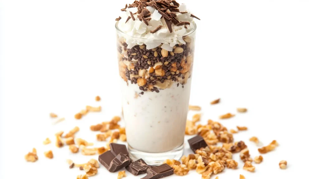 A tall glass of Greek yogurt parfait topped with chopped dark chocolate, nuts, seeds, and coconut flakes.