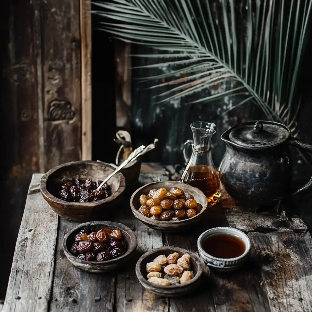 A rustic table with bowls of various date palm fruits, a jug of date syrup, and a teapot, surrounded by natural wooden elements.