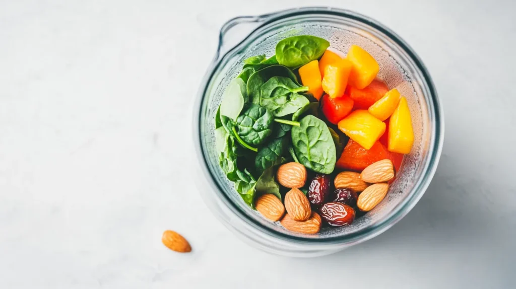 A blender container filled with fresh spinach, diced mango, dates, almonds, and vibrant orange fruit chunks on a white background.