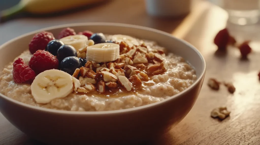 A bowl of creamy oatmeal topped with sliced bananas, fresh raspberries, blueberries, chopped nuts, and drizzled with rich date syrup, set on a wooden table with a warm, natural light background.