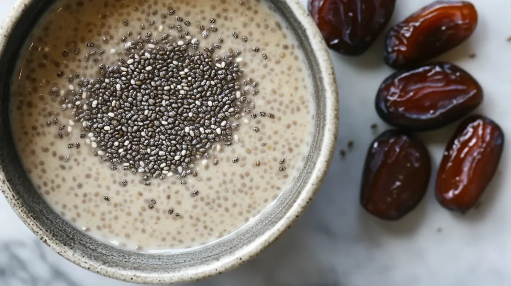 A bowl of creamy chia seed pudding topped with chia seeds, surrounded by fresh dates on a marble surface.