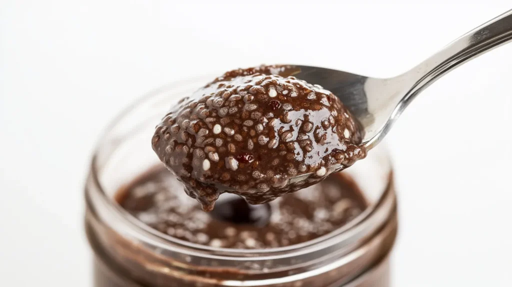 A spoonful of chia seed pudding with dates and almonds, featuring a creamy and rich texture in a glass jar.