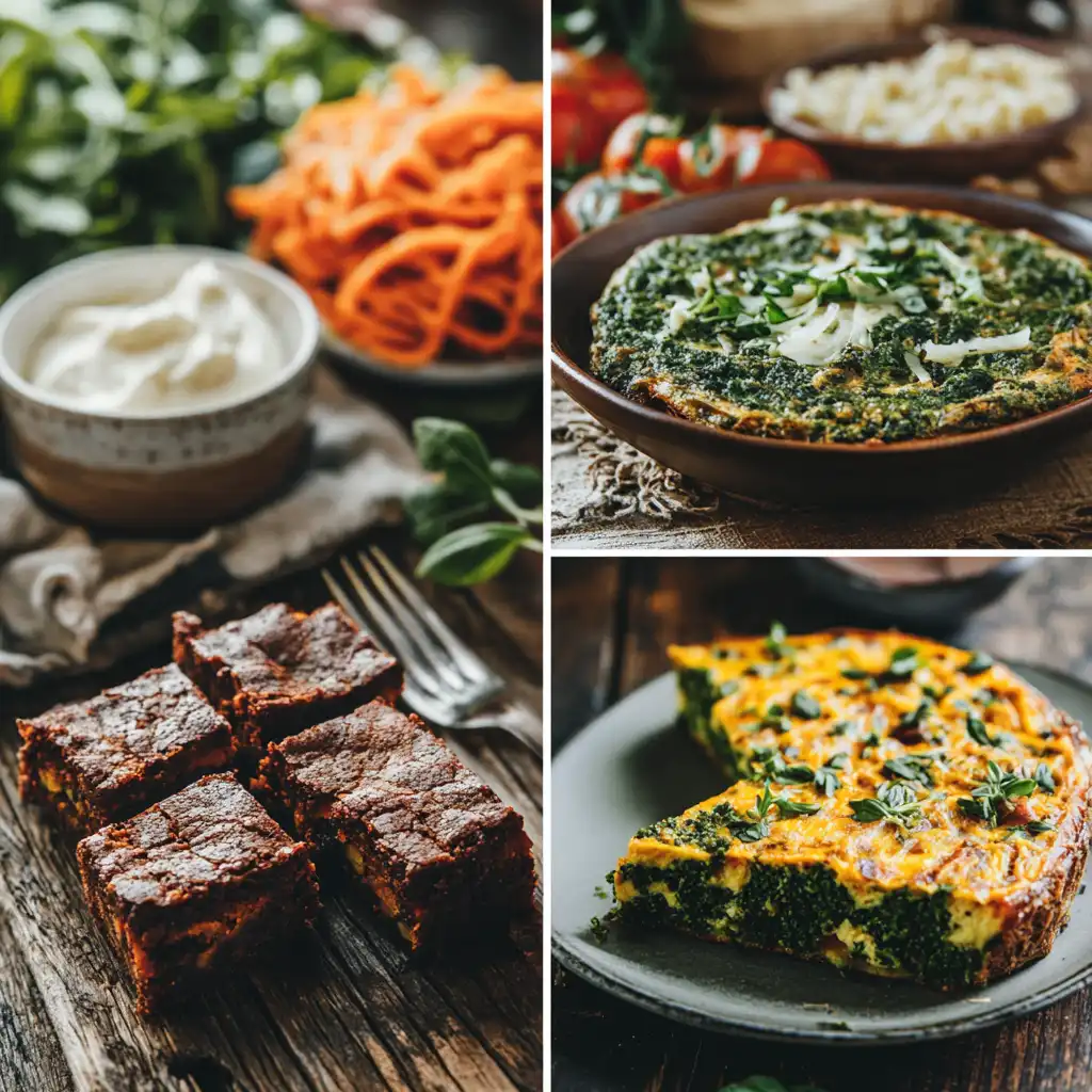 A collage of high-vitamin A recipes, including sweet potato brownies, spinach frittata, vegetable quiche, and spiralized carrots with dip, displayed on rustic wooden tables.