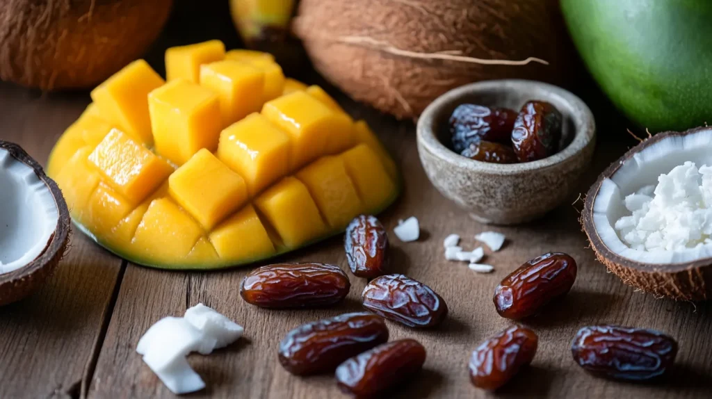 Fresh mango cubes, whole dates, shredded coconut, and halved coconuts displayed on a wooden table, showcasing natural ingredients for a tropical smoothie.