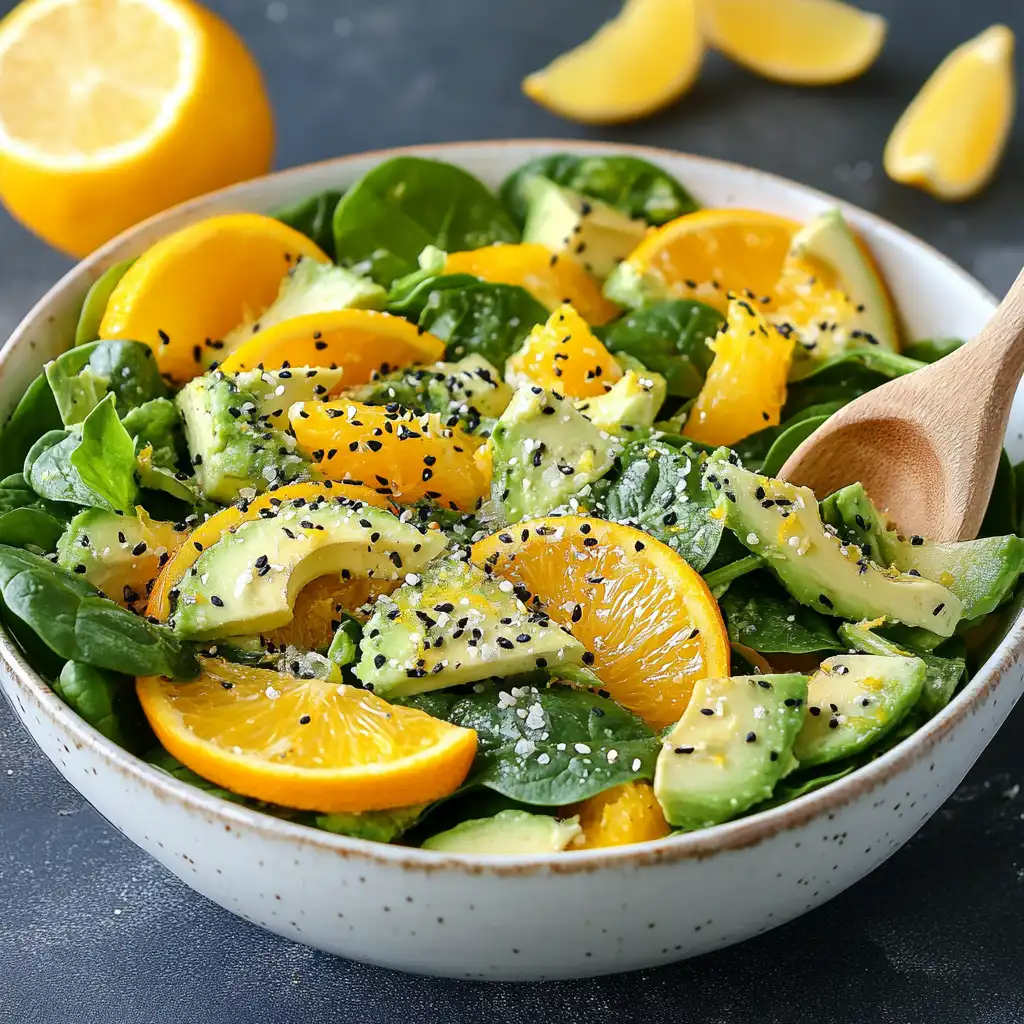 Recipe That Is High in Vitamin C for Pregnancy on a Fresh spinach salad with orange slices, avocado, and sesame seeds in a white bowl.