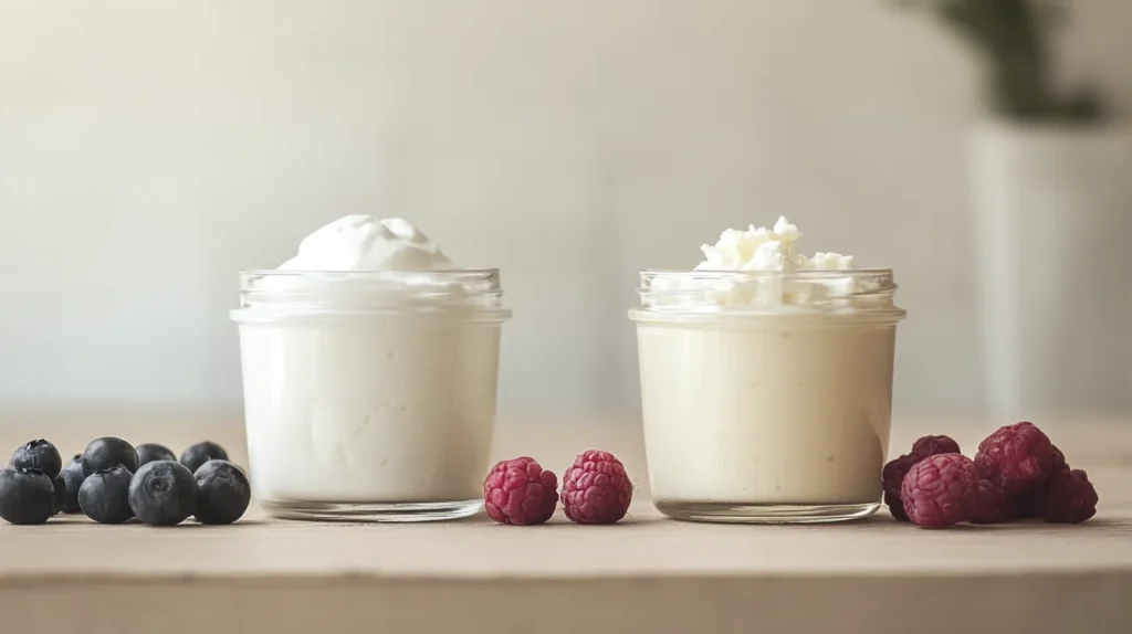 Two jars showing the difference between Greek yogurt and regular yogurt, with fresh blueberries and raspberries on the side.
