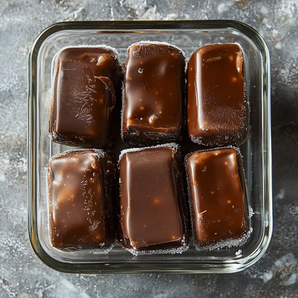 Frozen Date Snickers bars neatly arranged in a glass container with a frosted appearance, ready for storage.