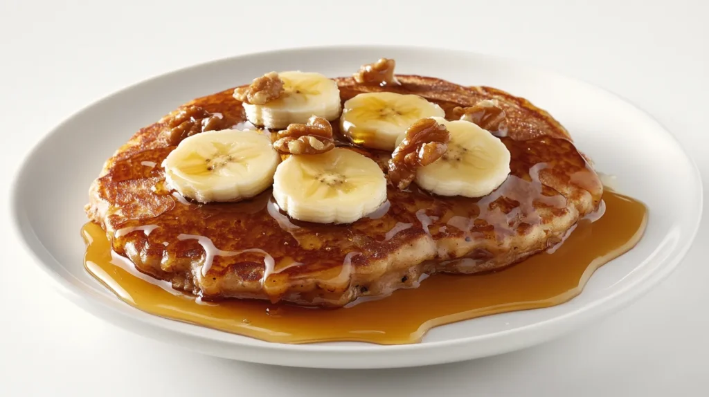 A delicious pancake topped with banana slices, walnut pieces, and drizzled with maple syrup, served on a white plate against a clean white background.