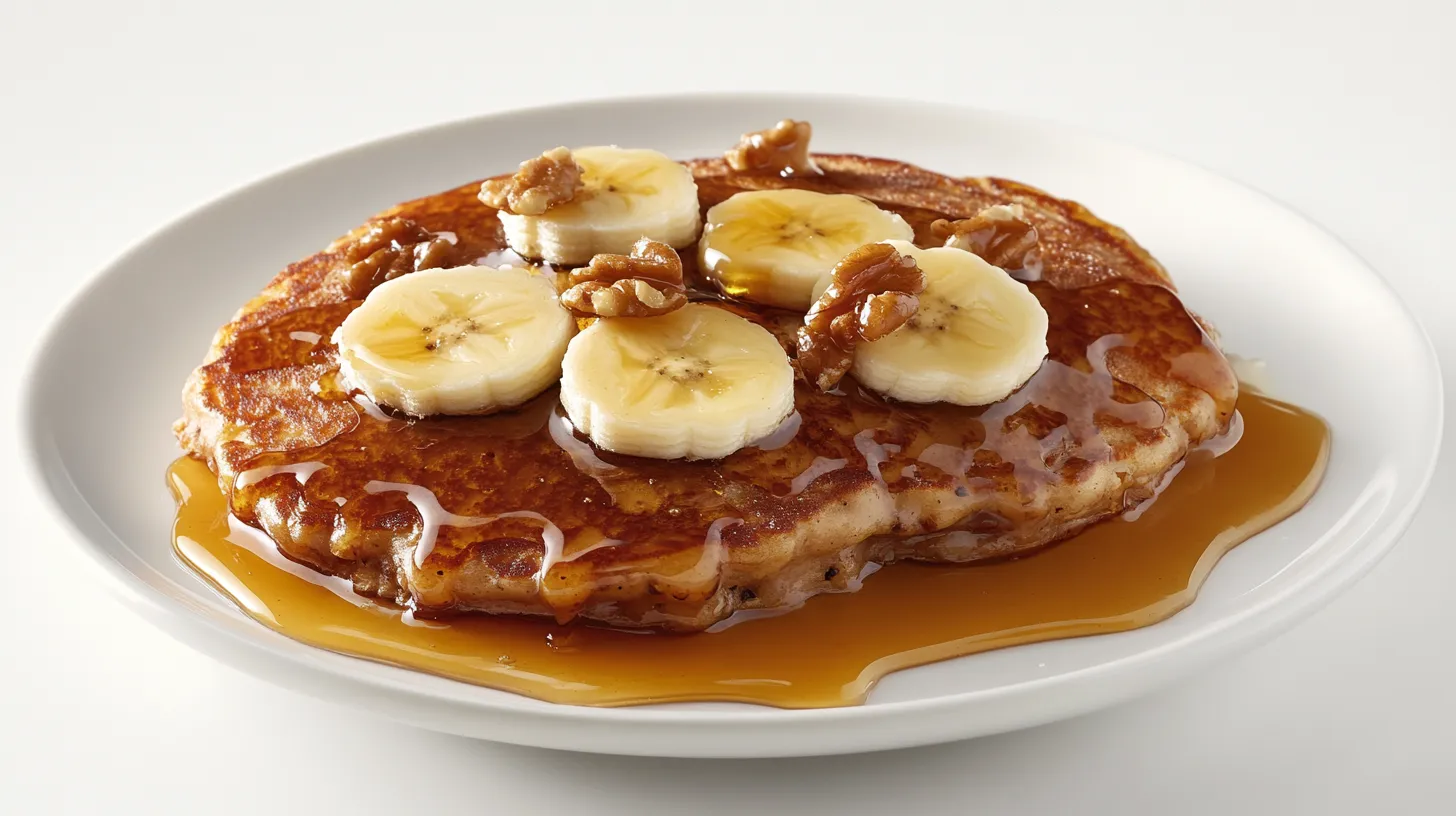 A delicious pancake topped with banana slices, walnut pieces, and drizzled with maple syrup, served on a white plate against a clean white background.