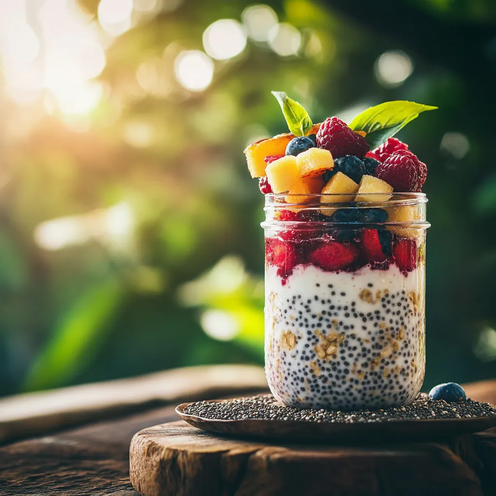 A jar of overnight oats layered with chia seeds, fresh fruit, and creamy milk, placed on a rustic wooden table in natural sunlight.