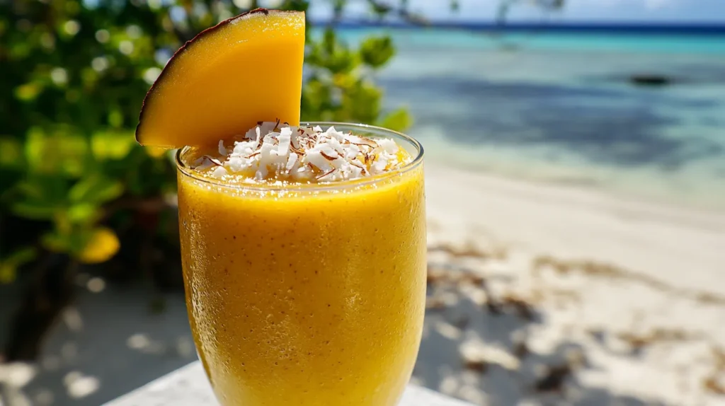 A tropical date smoothie with mango and coconut, served in a tall glass with a mango slice and shredded coconut garnish, set against a scenic beach background.