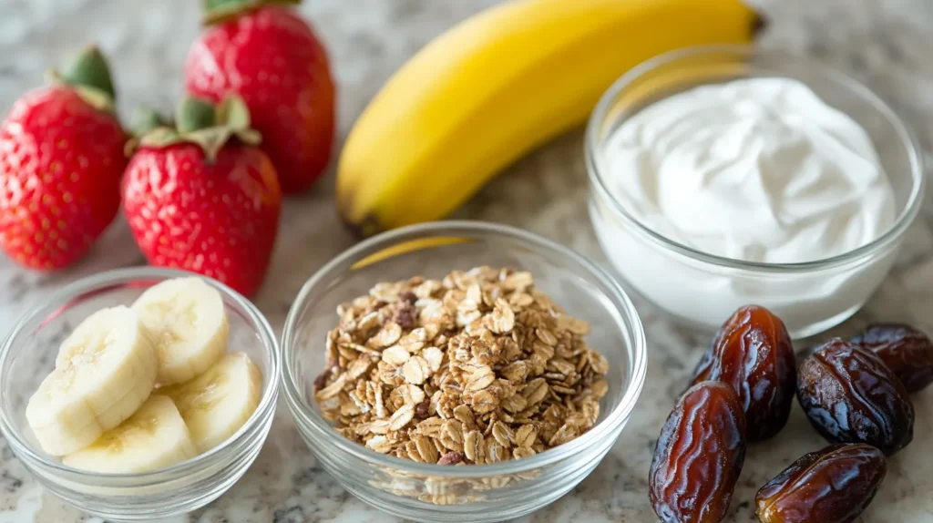 Fresh ingredients for Greek yogurt parfait, including strawberries, bananas, granola, dates, and Greek yogurt in glass bowls