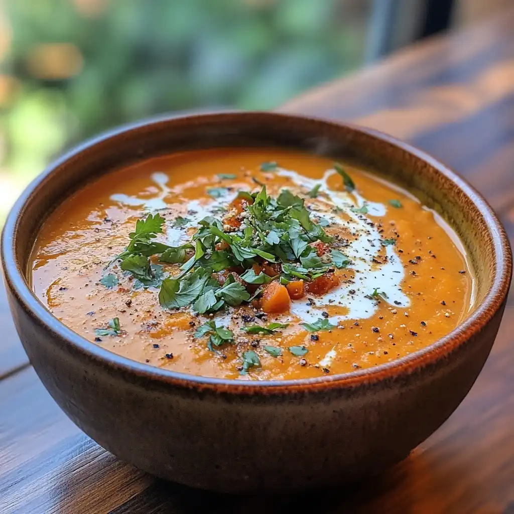 A bowl of creamy orange sweet potato and carrot soup garnished with fresh parsley, black pepper, and a drizzle of cream on a wooden table.