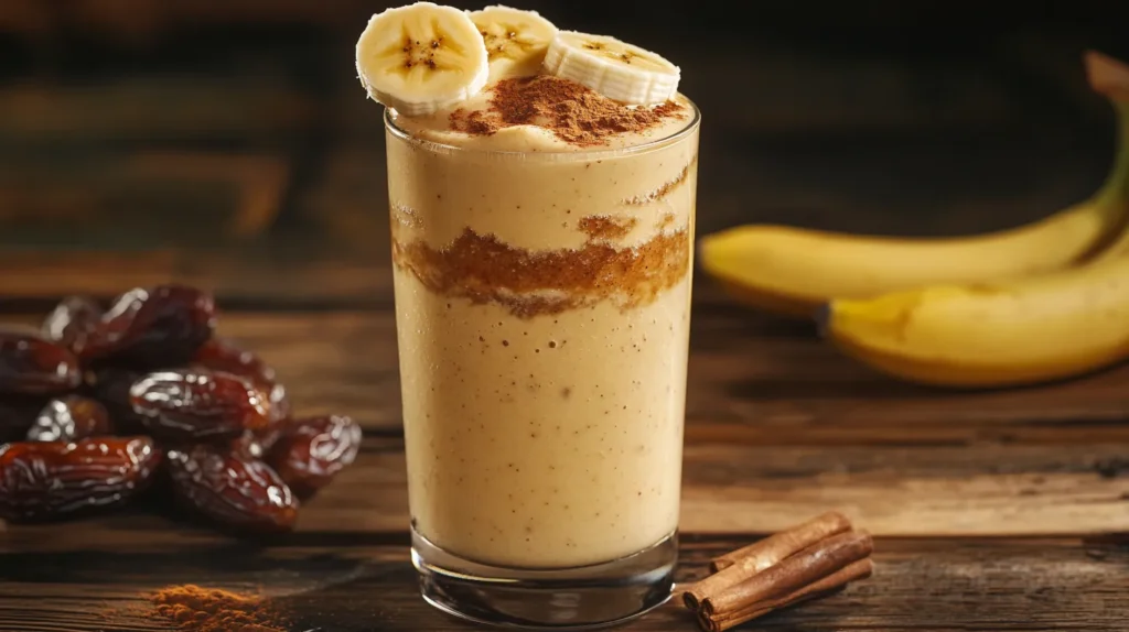 A creamy banana and date smoothie in a tall glass, topped with banana slices and cinnamon, with dates and bananas on a rustic wooden table.