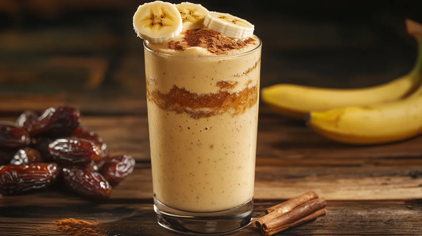 A creamy banana and date smoothie in a tall glass, topped with banana slices and cinnamon, with dates and bananas on a rustic wooden table.