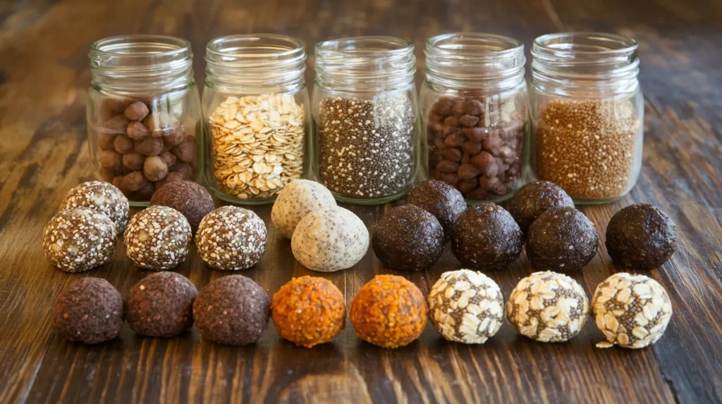 An assortment of Date Oat Chia Energy Bites in various flavors arranged on a wooden surface, with jars of ingredients like oats, chia seeds, and cocoa powder in the background.