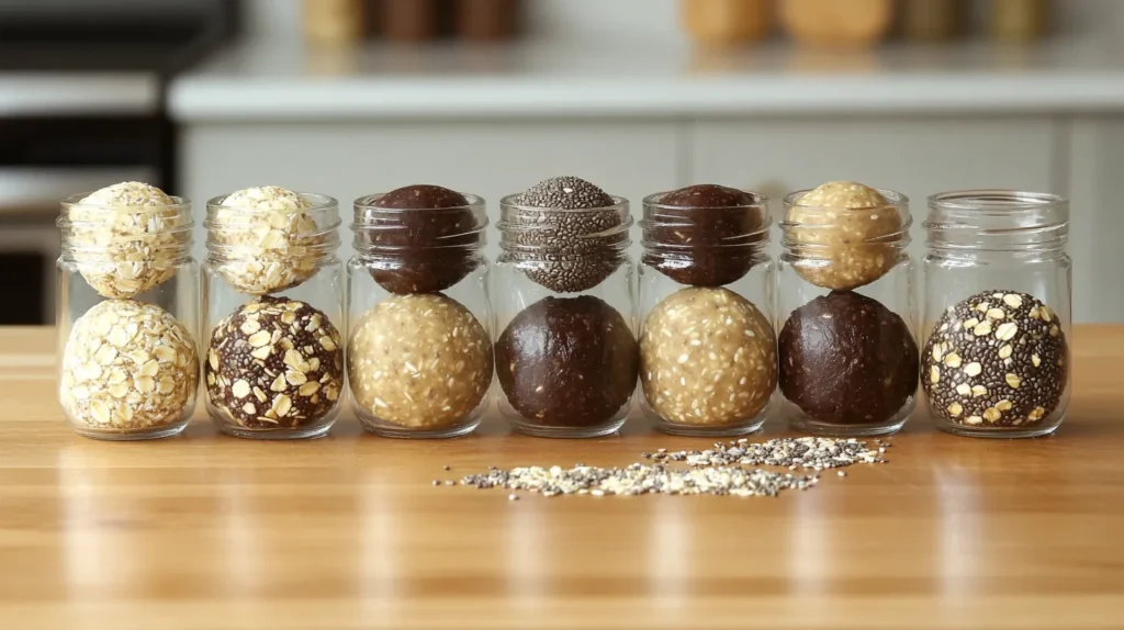 A row of glass jars each containing different varieties of Date Oat Chia Energy Bites, with chia seeds, oats, and dates displayed on a wooden table.
