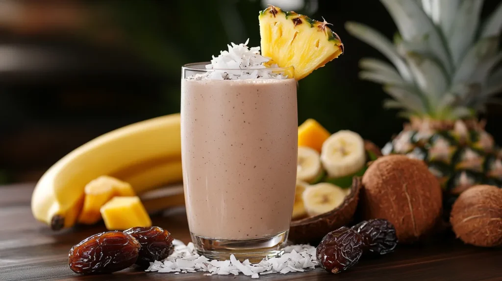 A creamy tropical smoothie made with dates, pineapple, banana, and coconut, served in a glass with a pineapple wedge and shredded coconut garnish, surrounded by fresh tropical fruits.