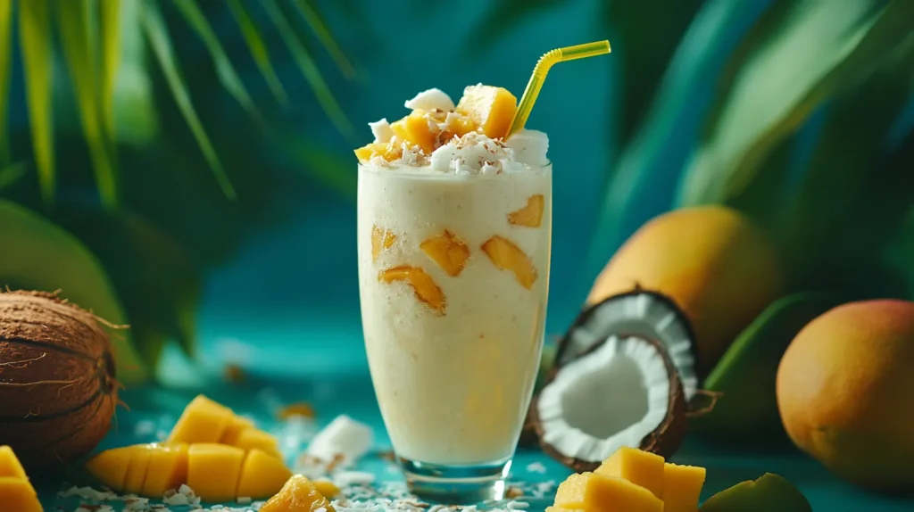 A creamy tropical smoothie with mango chunks, shredded coconut, and a yellow straw, served in a tall glass. Surrounded by fresh mango cubes, coconuts, and tropical greenery in the background.
