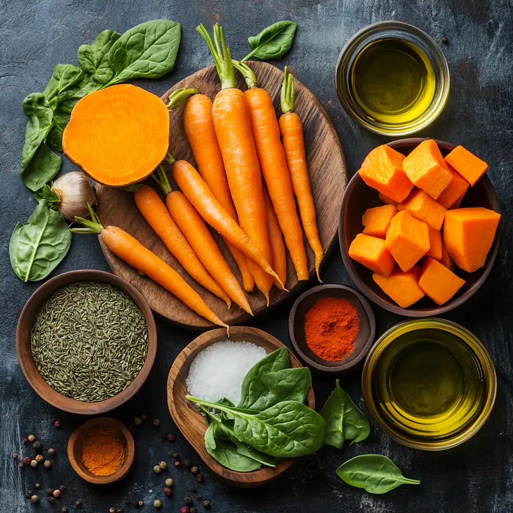 A vibrant arrangement of vitamin A-rich ingredients including fresh carrots, cubed sweet potatoes, spinach leaves, olive oil, spices, and seeds displayed on a dark rustic table.