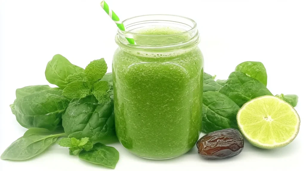 A green smoothie in a glass jar with a green striped straw, surrounded by fresh spinach leaves, a date, a lime half, and mint leaves on a white background.
