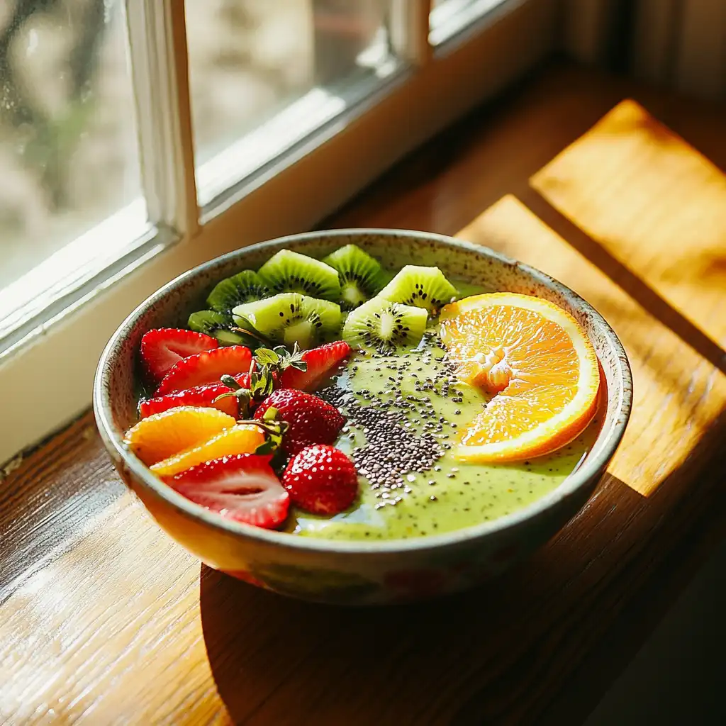 Recipe That Is High in Vitamin C for Pregnancy on a colorful smoothie bowl with orange slices, kiwi, strawberries, and chia seeds by a sunlit window.