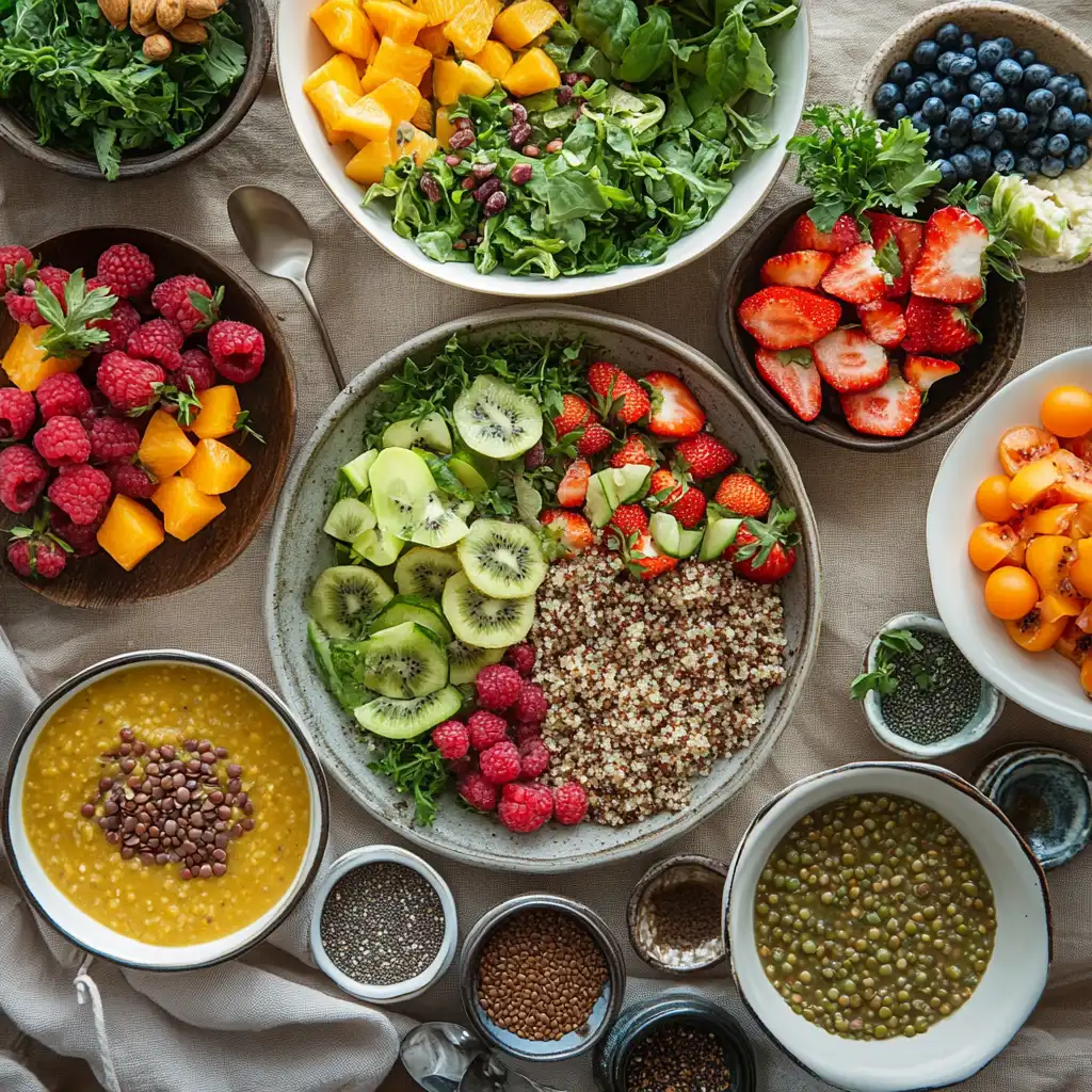 A vibrant spread of high-fiber foods for pregnancy, including a quinoa salad topped with strawberries, kiwis, and raspberries, bowls of lentil soup, leafy greens with mango chunks, and assorted fruits like blueberries and cantaloupe, surrounded by jars of chia seeds and flaxseeds.